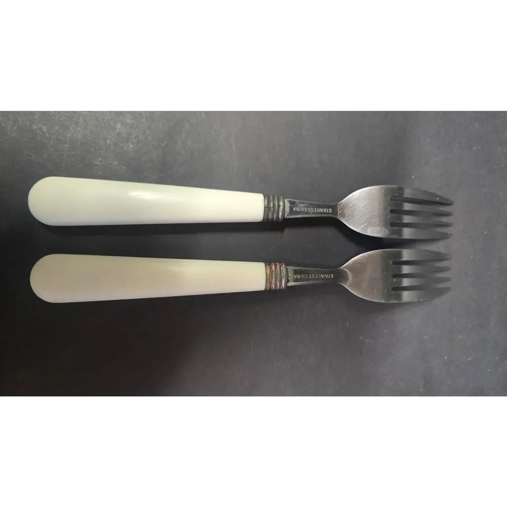 China Pearl Plastic Handle Stainless Forks Set Of 2 Apple Pattern Vintage Retro